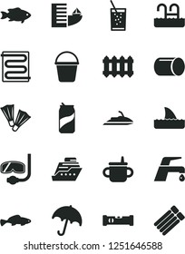 Solid Black Vector Icon Set - mug for feeding vector, bucket, construction level, heating coil, new radiator, faucet mixer, umbrella, small fish, a glass of soda, can, pipe, hotel, pool, flippers