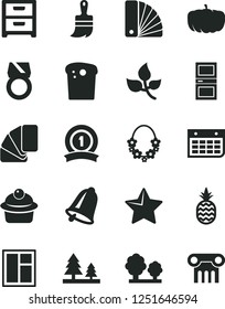 Solid Black Vector Icon Set - window vector, color samples, sample of colour, wooden paint brush, interroom door, bell, star, nightstand, Easter cake, muffin, a pineapple, pumpkin, leaves, trees
