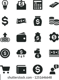 Solid Black Vector Icon Set - purse vector, shopping cart, coins, denomination of the dollar, wallet, money, cash, engineer calculator, gold bar, bag hand, rain, coin, gear, idea, growth, mail