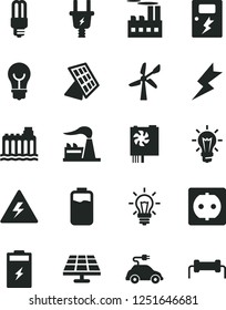 Solid Black Vector Icon Set - danger of electricity vector, lightning, dangers, bulb, charge level, charging battery, solar panel, wind energy, factory, hydroelectricity, electric plug, power socket