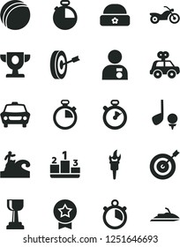 Solid Black Vector Icon Set - stopwatch vector, bath ball, motor vehicle present, warm hat, timer, car, pedestal, flame torch, prize, gold cup, man with medal, target, purpose, star, motorcycle