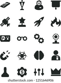 Solid Black Vector Icon Set - glasses vector, brain, gears, settings, satellite, biohazard, oscilloscope, magnet, flame, scientist, rocket, presentation board, cup, pawn, star reward, man with medal