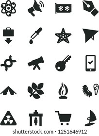 Solid Black Vector Icon Set - gpu card vector, telescope, atom, nuclear, dna, bactery, pipette, flame, biology, ink pen, hang glider, security gate, phone registration, getting baggage, tent, key