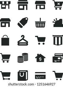 Solid Black Vector Icon Set - paper bag vector, grocery basket, bank card, cart, crossed, with handles, cards, kiosk, coins, hanger, label, stall, shopping, cashbox, pennant flag, mortgage, store