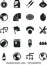 Solid Black Vector Icon Set - sign of the planet vector, book, toys over cradle, cot, baby bath ball, funny hairdo, small tools, sample colour, flag, package, bundle eggs, barbecue, liquor, lime