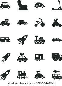 Solid Black Vector Icon Set - Baby chair vector, motor vehicle present, toy train, tricycle, child Kick scooter, environmentally friendly transport, electric car, retro, autopilot, rocket, space