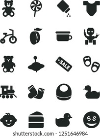 Solid Black Vector Icon Set - baby powder vector, bib, Child T shirt, rubber duck, duckling, warm socks, children's potty, teddy bear, small, hairdo, toy train, yule, bicycle, piece of cake, robot