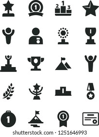 Solid Black Vector Icon Set - star vector, pedestal, winner, laurel branch, podium, prize, award, cup, reward, man hands up, with medal, motivation, mountain flag, first place, pennant, ribbon