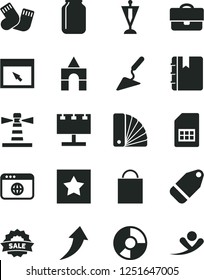 Solid Black Vector Icon Set - paper bag vector, warm socks, box of bricks, building trowel, color samples, notebook, label, SIM card, jar, lighthouse, billboard with illumination, portfolio, sale