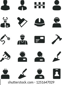 Solid Black Vector Icon Set - builder vector, workman, trowel, building, paint roller, ceramic tiles, construction helmet, putty knife, hammer with claw, employee, pass card, operator, gas welding
