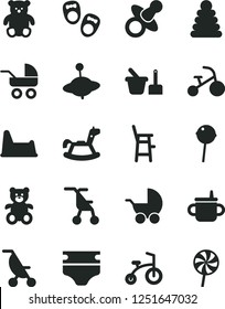 Solid Black Vector Icon Set - dummy vector, mug for feeding, diaper, baby stroller, carriage, summer, sitting, stacking rings, toy sand set, potty chair, a child, teddy bear, small, yule, bicycle