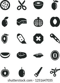 Solid Black Vector Icon Set - scissors vector, mark of injury, arm saw, knife, stationery, cheese, pizza, slices onion, piece meat, half pomegranate, mango, peach, melon, cherry, passion fruit, kiwi