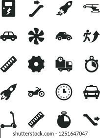 Solid Black Vector Icon Set - truck lorry vector, motor vehicle, child Kick scooter, dangers, timer, car, delivery, marine propeller, retro, rocket, space, wall watch, memory, stopwatch, helicopter
