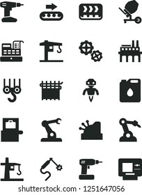 Solid Black Vector Icon Set - crane vector, winch hook, gears, concrete mixer, cordless drill, industrial enterprise, conveyor, production, canister of oil, cloth industry, tower, gas welding, atm
