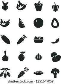 Solid Black Vector Icon Set - stick of sausage vector, slices onion, lettuce in a plate, cabbage, cucumber, chili, peper, garlic, carrot, quince, goji berry, ripe pepper, red, hot, potato, beet