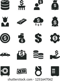 Solid Black Vector Icon Set - dollar vector, strongbox, coins, column of, get a wage, dollars, gold ring, bar, money bag hand, rain, coin, gear, king, limousine, mail, dialog, safe