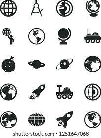 Solid Black Vector Icon Set - sign of the planet vector, globe, earth, scribed compasses, space rocket, core, saturn, lunar rover, man hold world, flag on moon