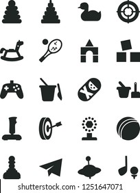Solid Black Vector Icon Set - paper airplane vector, rubber duck, bath ball, stacking rings, toy, tumbler, sand set, children's, yule, rocking horse, cubes for children, box of bricks, joystick, cup