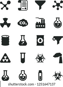 Solid Black Vector Icon Set - round flask vector, manufacture, oil, barrel, industrial building, radiation, carbon dyoxide, filter, water, research article, test tube, molecule, nuclear, biohazard