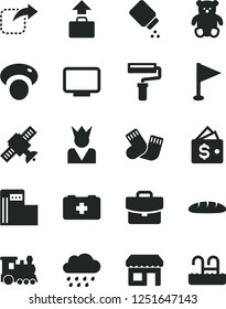 Solid Black Vector Icon Set - paint roller vector, pennant, baby powder, rainy cloud, warm socks, bag of a paramedic, small teddy bear, suitcase, move right, loaf, mashroom, modern gas station, king