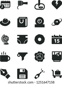 Solid Black Vector Icon Set - floppy disk vector, hat, nappy, calendar, broken heart, bag with handles, noodles, cup of tea, a glass, squash, slice pineapple, water filter, schedule, web camera