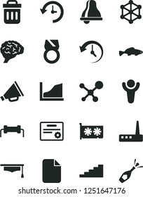 Solid Black Vector Icon Set - bell vector, horn, small fish, gpu card, router, trash bin, history, file, molecule, brain, graduate hat, growth graph, 3d cube, resistor, winner, stairway, certificate