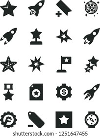 Solid Black Vector Icon Set - add bookmark vector, remove label, star gear, rocket, bang, reward, flag, hero medal, certificate, dollar, three stars, disco ball, starfish, compass