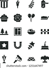 Solid Black Vector Icon Set - colored air balloons vector, cake, window, paint roller, door knob, ceramic tiles, pavement, muffin, slice, a plate of fruit, squash, forest, flame torch, laurel branch