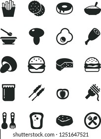 Solid Black Vector Icon Set - plates and spoons vector, plastic fork, cheese, big burger, spaghetti, mushroom, porcini, cake with a hole, bowl of rice porridge, chicken thigh, barbecue, piece meat