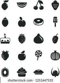 Solid Black Vector Icon Set - muffin vector, torte, cake with a hole, pie, lollipop, popsicle, strawberry, apple, cherry, half pomegranate, quince, apricot, fig, tasty raspberry, mulberry, tamarillo