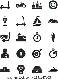 Solid Black Vector Icon Set - stopwatch vector, Kick scooter, child, warm hat, pedestal, retro car, flame torch, man with medal, pennant, target, first place, star, aim, sail boat, motorcycle