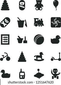Solid Black Vector Icon Set - new abacus vector, rubber duck, baby duckling, bath ball, stacking rings, toy, roly poly doll, tumbler, mobile phone, sand set, children's, small teddy bear, train