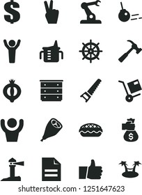 Solid Black Vector Icon Set - scribbled paper vector, dollar, chest of drawers, measuring cup for feeding, hand saw, hammer with claw, core, thumb up, shipment, apple pie, grill chicken leg, victory