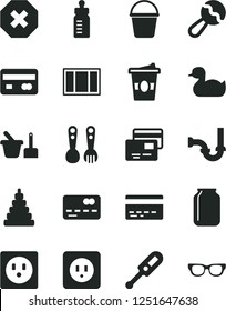 Solid Black Vector Icon Set - mark of injury vector, bank card, feeding bottle, beanbag, electronic thermometer e, rubber duck, stacking toy, sand set, plastic fork spoons, window frame, bucket, jar