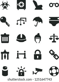 Solid Black Vector Icon Set - spectacles vector, scales, toys over the cot, diaper, powder, car child seat, winter hat, construction helmet, dust bin, lock, key, umbrella, strongbox, encrypting