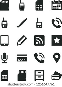 Solid Black Vector Icon Set - tassel vector, desktop microphone, calendar, bank card, rss feed, toy phone, mobile, nightstand, call, SIM, location, pencil, tablet pc, sd, star, credit