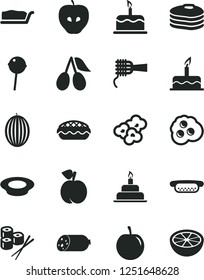 Solid Black Vector Icon Set - cake vector, birthday, sausage, mini hot dog, noodles, slice, apple pie, a plate of milk, Chupa Chups, sushi set, popcorn, omelette, pancakes, peach, tasty, cornels