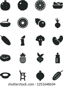 Solid Black Vector Icon Set - feeding bottle vector, a chair for child, bowl of rice porridge, lettuce in plate, milk, cabbage, piece meat, cucumber, beet, blueberries, pomegranate, medlar, orange