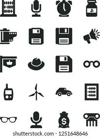 Solid Black Vector Icon Set - desktop microphone vector, floppy disk, hat, camera roll, new abacus, toy mobile phone, alarm clock, jar of jam, windmill, retro car, vintage sign, loudspeaker, glasses