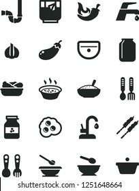 Solid Black Vector Icon Set - deep plate with a spoon vector, plates and spoons, plastic fork, iron, sink, siphon, faucet mixer, kitchen, bowl of rice porridge, in saucepan, lettuce, barbecue, chili