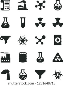 Solid Black Vector Icon Set - round flask vector, manufacture, factory, oil, barrel, industrial building, radiation, filter, water, research article, test tube, molecule, nuclear, biohazard