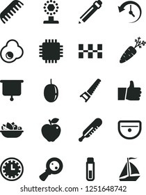 Solid Black Vector Icon Set - clock face vector, graphite pencil, mercury thermometer, comb, hand saw, sink, ceramic tiles, thumb up, a plate of fruit, fried egg, red apple, passion, carrot, cpu