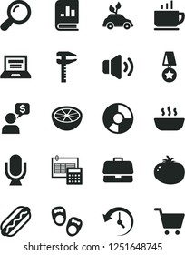 Solid Black Vector Icon Set - laptop vector, shoes for little children, calculation, microphone, volume, coffee, Hot Dog, porridge, tomato, half of grapefruit, environmentally friendly transport