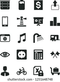 Solid Black Vector Icon Set - bar chart vector, chest of drawers, shower, employee, eye, music, smartphone, move up, charge level, power socket, lighthouse, financial item, engineer calculator, bike