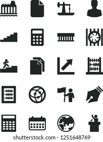 Solid Black Vector Icon Set - clean paper vector, growth chart, new abacus, oil derrick, planet, hydroelectricity, woman, calendar, calculator, radiator fan, network, file, ink pen, carrer stairway