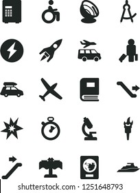 Solid Black Vector Icon Set - microscope vector, book, drawing compass, satellite antenna, rocket, stopwatch, flame torch, bang, electricity, plane, car baggage, escalator, passenger, passport, safe