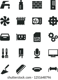 Solid Black Vector Icon Set - desktop microphone vector, feeding bottle, comb, iron fork spoons, brickwork, trowel, faucet mixer, electronic boiler, screen, drawer, plate, marine propeller, gear