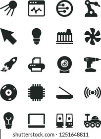 Solid Black Vector Icon Set - drill vector, bulb, cardiogram, artificial satellite, lens, marine propeller, hydroelectricity, robot welder, space rocket, notebook pc, cpu, cd, printer, scanner