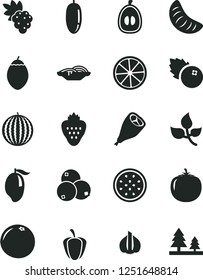 Solid Black Vector Icon Set - slices of onion vector, grill chicken leg, blueberries, strawberry, grape, water melon, mango, date fruit, slice tangerine, half loquat, passion, tamarillo, lemon