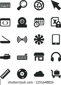 Solid Black Vector Icon Set - stall vector, magnifier, tablet pc, fan, encrypting, keyboard, memory, web camera, cd, scanner, headphones, network, coding, lan connector, wireless, schedule clock